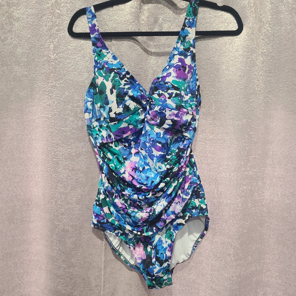 Croft & Barrow Womens Size 16 One Piece Swimsuit Floral Watercolor Blue Purple